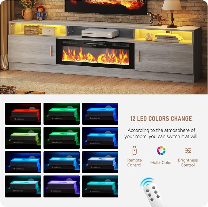 MXV 78" Fireplace TV Stand with Power Outlet for TVs UP to 90", Electric Fireplace Entertainment Center with LED Lights & Storage Cabinets, TV Console for Living Room, Office, Grey-Black