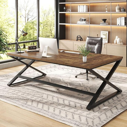 IBF Rustic Large Desk for Home Office, 78.7" Extra Long Computer Desk, Wood Metal Wide Work Desk for Study Writing, Farmhouse Dual Monitor Workstation Gaming Desk Computer Table, Rustic Brown