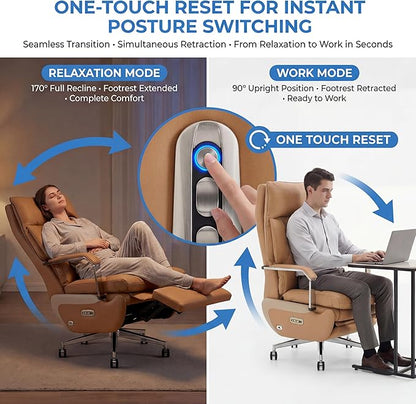 Dual Motor Executive Home Reclining Office Chair with Footrest - One-Click Electric Recline with Massage & Pillow Support Big and Tall PU Leather Ergonomic Desk Chair, High Back Wide Seat (Brown)