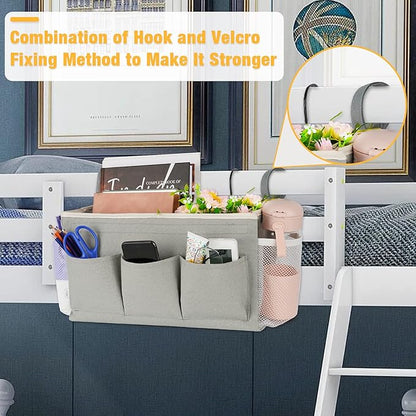 Lilithye Bedside Caddy Organizer with Fixed Straps & Water Bottle Holder for Home, College Dorm, Bunk Bed, Hospital & Crib Bed Rails (2 pcs, Grey)