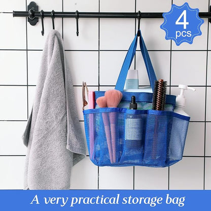 Hillban 4 Pcs Mesh Shower Caddy Portable Shower Caddy for Dorm Beach Mesh Bags with Deeper 8 Pockets and Handles Showers Caddies Basket for Women College Room Vacation(Navy Blue)
