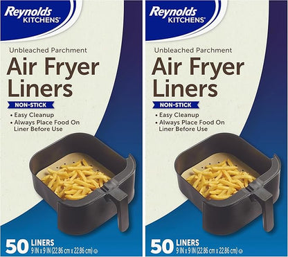 Reynolds Kitchens Air Fryer Liners Disposable, Unbleached Parchment Paper Sheets, 50 Count (Pack of 2)