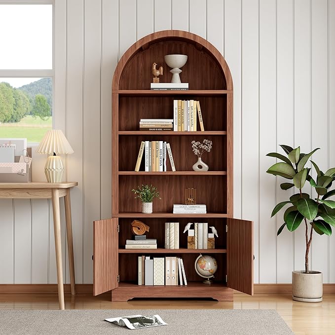 70" Arched Bookcase with Storage, 6 Tier Bookshelf with Door, Freestanding Display Storage Cabinet Farmhouse Storage Shelves for Living Room,Bedroom Home Office,Walnut Oak