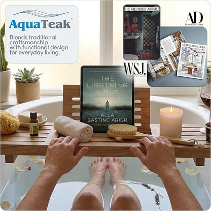 AquaTeak 30" Manada Teak Bathtub Tray Caddy - Durable, Water-Resistant Bath Tray for Tub with Foldable Book & Tablet Stand - Fits Standard Soaking Bathtubs - Bathroom Accessories for Spa