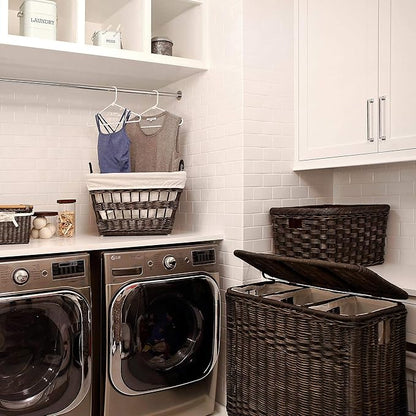 The Basket Lady 3-Compartment Wicker Laundry Sorter Hamper, 30 in L x 15 in W x 28 in H, Antique Walnut Brown