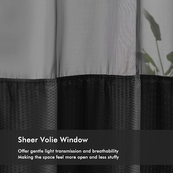 Mrs Awesome No Hook Shower Curtain with Snap-in Liner Less Time On/Off, Embossed Waffle-Look Textured Fabric Shower Curtain for Bathroom, Soft & Lightweight, 71x74, Black