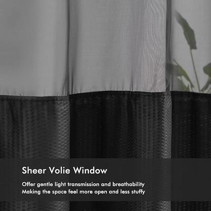 Mrs Awesome No Hook Shower Curtain with Snap-in Liner Less Time On/Off, Embossed Waffle-Look Textured Fabric Shower Curtain for Bathroom, Soft & Lightweight, 71x74, Black