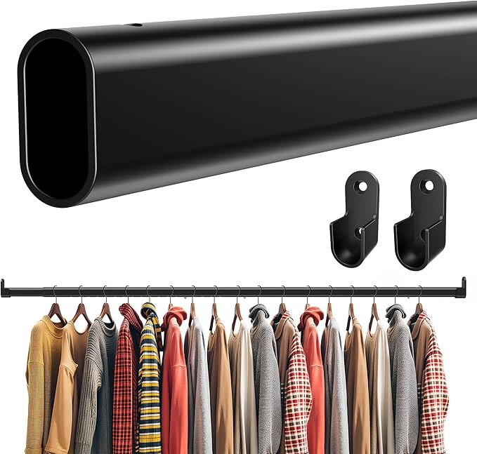 Oval Closet Rod for Hanging Clothes, Adjustable Heavy Duty Closet Rods with End Supports, 18 to 63 Inch Black Clothing Pole for Wardrobes, Laundry, RV