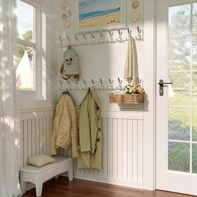SKOLOO Creations White Solid Wood Wall Mounted Coat Rack, 10 Hooks, 38-1/8" Long - Kitchen, Mudroom, Entryway, Bathroom - Includes Mounting Hardware, Wall Coat Hanger, Towel Rack, Pack of 2
