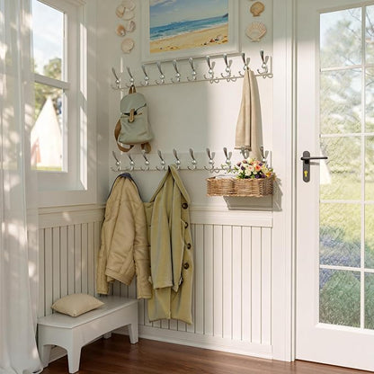 SKOLOO Creations White Solid Wood Wall Mounted Coat Rack, 10 Hooks, 38-1/8" Long - Kitchen, Mudroom, Entryway, Bathroom - Includes Mounting Hardware, Wall Coat Hanger, Towel Rack, Pack of 2