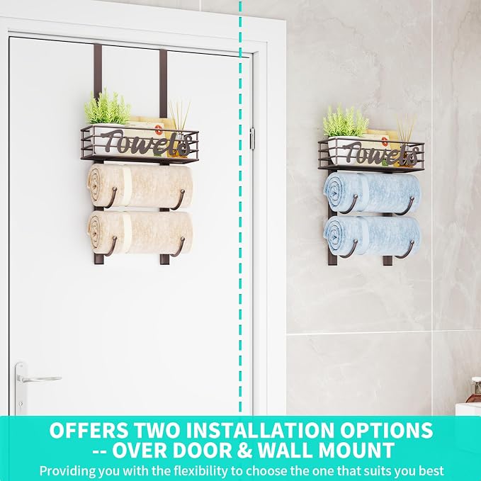HapiRm Towel Racks for Bathroom Storage - 3 Tier Over The Door & Wall Mount Rolled Towel Storage Organizer Holder with Metal Shelf Basket for Small Bathroom, Camper, Rv - Bronze, Patented