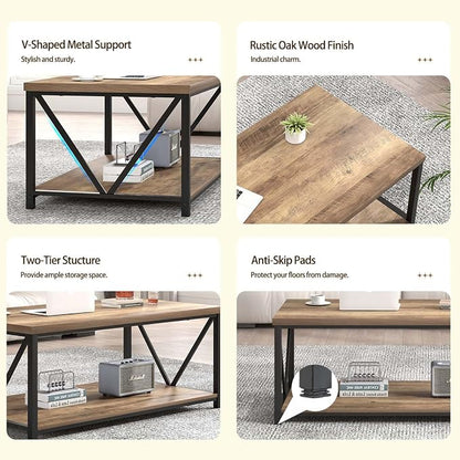 FOLUBAN Coffee Table with Storage Shelf, Modern Industrial Metal and Wood Living Room Table, Small Rectangle Cocktail Tea Table for Bedroom Home Office, Rustic Oak, 39.3 Inch