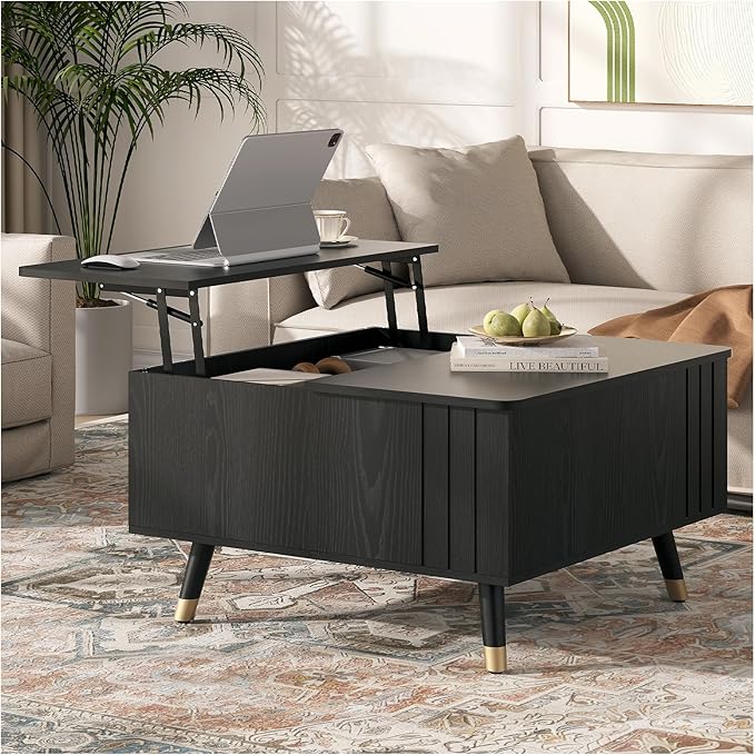 SULIVES Lift Top Coffee Table with Storage,Square Coffee Table with Lifting Top,Modern Center Table with Solid Wood Legs,Small Coffee Tables for Living Room,Black