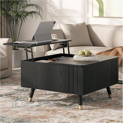 SULIVES Lift Top Coffee Table with Storage,Square Coffee Table with Lifting Top,Modern Center Table with Solid Wood Legs,Small Coffee Tables for Living Room,Black