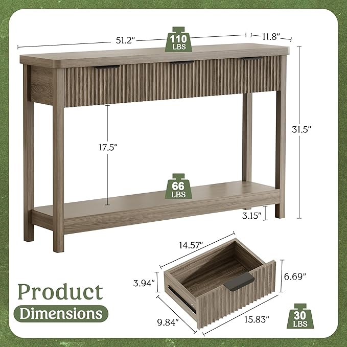 Lulive 51" Fluted Console Table for Entryway, Wooden Entryway Table with 3 Wooden Drawers, Farmhouse Behind Sofa Table for Living Room, Hallway, Couch, Foyer