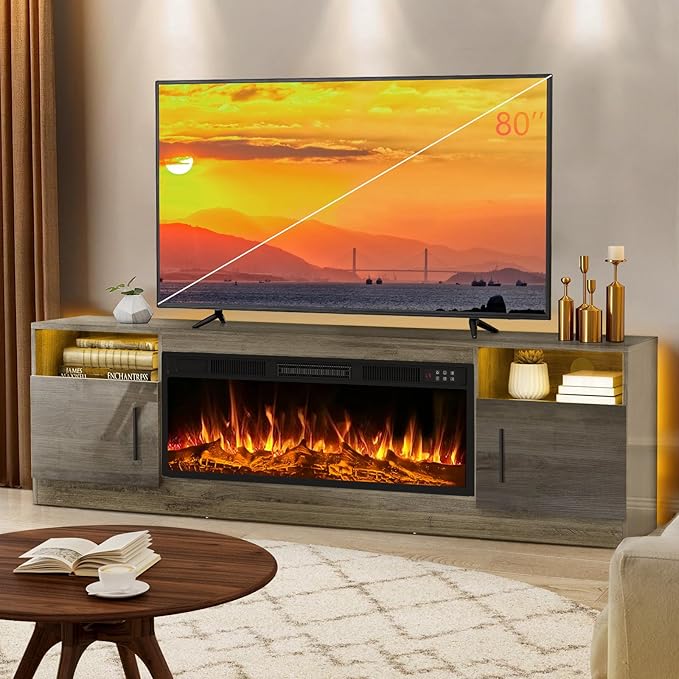 LEMBERI 70" Fireplace TV Stand for TVs up to 80", 36" Electric Fireplace 750W/1500W Entertainment Center with 20-Color LED, 300lbs Max Capacity High Gloss Storage Cabinet Console, Gray