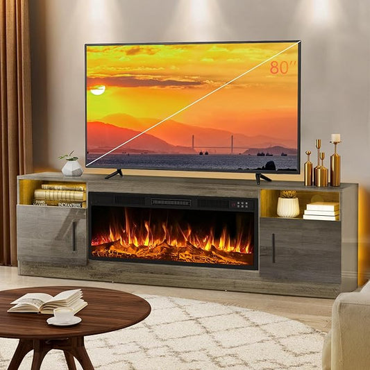 LEMBERI 70" Fireplace TV Stand for TVs up to 80", 36" Electric Fireplace 750W/1500W Entertainment Center with 20-Color LED, 300lbs Max Capacity High Gloss Storage Cabinet Console, Gray