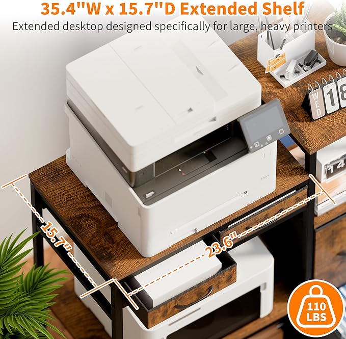 JUSTOGO Printer Stand with 4 Drawer, 43" x 36" x 16" Extra Large File Cabinet with Open Storage Shelf, 5 Tier Printer Table Lateral Filing Cabinet for Home Office, Rustic Brown