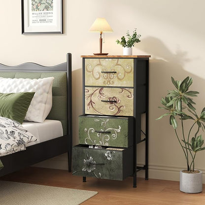 Sweetcrispy 4 Drawer Fabric Dresser Storage Tower Nightstand Chest | Small bedroom dresser and nightstand with sturdy frame,Perfect for closet,entryway,dorm,Easy assembly,Floral Painted