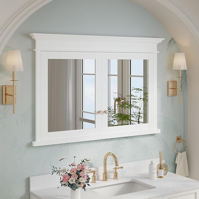 WELLFOR 48"x 32" Bathroom Medicine Cabinet with 3-Tier Adjustable Shelves, Recessed Solid Wood Medicine Cabinet with Mirrors, Wood Miiror Cabinet with 2 Soft-Close Door and Open/Built-in 6 Shelves