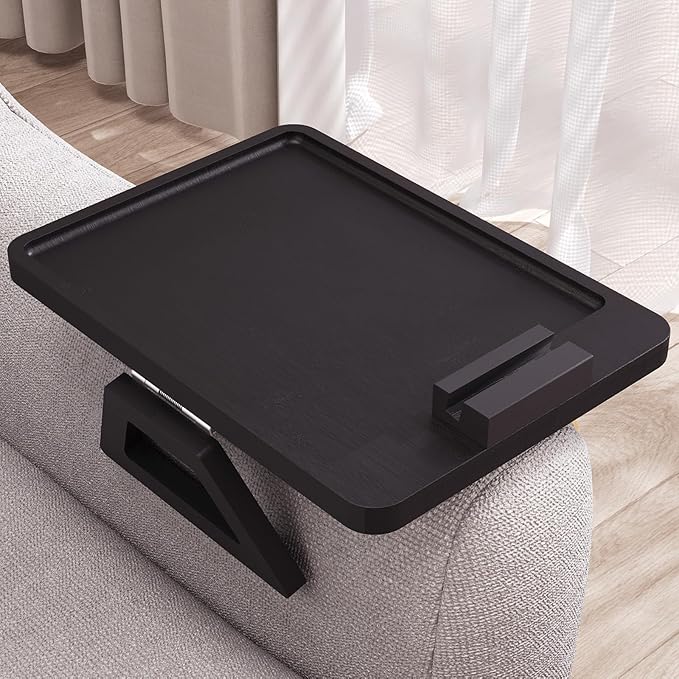 Couch Arm Tray with 360°Phone,Bamboo Folding Sofa Tray,Sofa Armrest Trays Clip-On Couch Desk for Drinks,Snacks,Phone,Remote Control（Black）