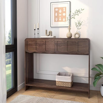 Console Table with 2 Drawers, Mid-Century Modern 42" Entryway Table with Open Storage Shelves, Sofa Table Behind Couch for Living Room, Hallway, Walnut