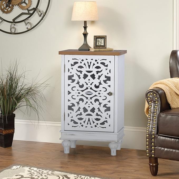 Sophia & William Accent Cabinet Small, 31.5" Tall Side End Table, Distressed Nightstand with Wooden Frame and Hollow Carved Door, White
