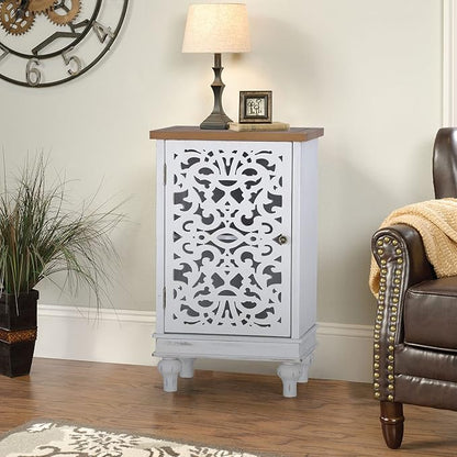 Sophia & William Accent Cabinet Small, 31.5" Tall Side End Table, Distressed Nightstand with Wooden Frame and Hollow Carved Door, White