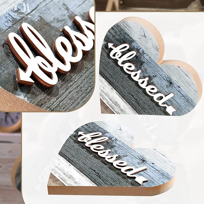 Jetec 2 Pcs Rustic Table Decorations for Living Room Home Decor Farmhouse Valentines Day Centerpiece Small Love Wooden Heart Decor for Dining Room Shelf Valentines Gift Decoration(Grateful Style)