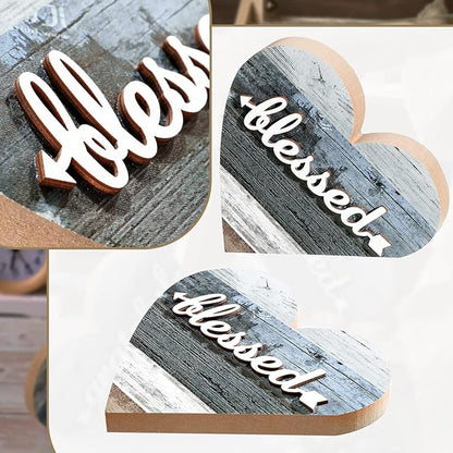 Jetec 2 Pcs Rustic Table Decorations for Living Room Home Decor Farmhouse Valentines Day Centerpiece Small Love Wooden Heart Decor for Dining Room Shelf Valentines Gift Decoration(Grateful Style)