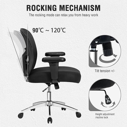 Big and Tall Office Chair 600lbs, Heavy Duty Ergonomic Mesh Chair, Computer Executive Desk Chair with Wide Thick Seat, Adjustable Armrests, Lumbar Support