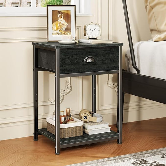 Furologee Nightstand with Fabric Drawer & Storage Shelf, Small Side Table for Small Space, 2 Tiers Industrial End Table for Living Room, Bedroom, Black Oak