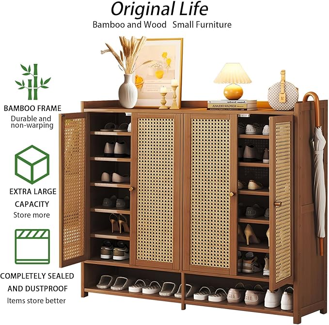 Bamboo Shoe Cabinet, 8-Tier Shoe Storage Cabinet with Doors, Freestanding Bamboo Shoe Rack Organizer with Shelves for Entryway, Hallway, Closet, Living Room