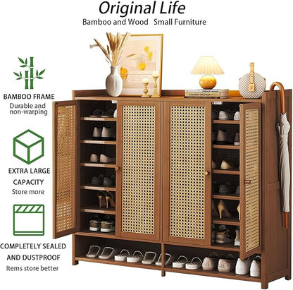 Bamboo Shoe Cabinet, 8-Tier Shoe Storage Cabinet with Doors, Freestanding Bamboo Shoe Rack Organizer with Shelves for Entryway, Hallway, Closet, Living Room