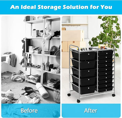 GOFLAME 15-Drawer Rolling Storage Cart, Craft Storage Cart with Removable Drawers & Lockable Wheels, Art Cart Supply Storage Organizer for Home Office Classroom, Black