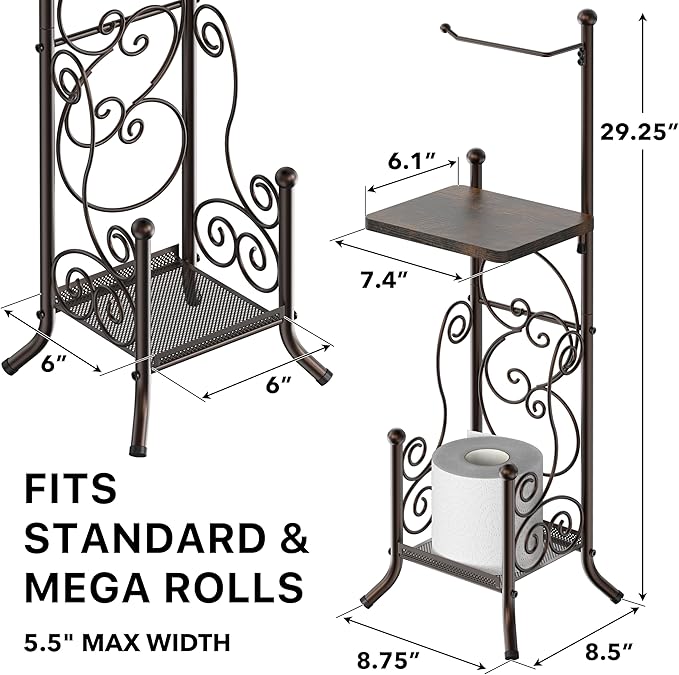 Simple Houseware English Style Bathroom Toilet Tissue Roll Holder Stand with Shelf, Bronze