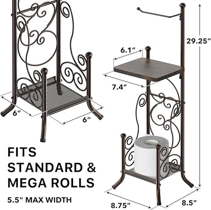 Simple Houseware English Style Bathroom Toilet Tissue Roll Holder Stand with Shelf, Bronze