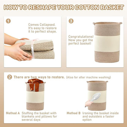 90L Jumbo Woven Laundry Hamper,17" x 17" x 24" Extra Large Laundry Basket for Blanket Storage,Tall Baby Nursery Hamper for Toys in Bedroom,Living Room Brown&White