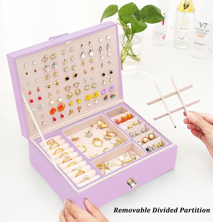 QBestry Girls Jewelry Box Earring Holder Organizer for Girls, Purple
