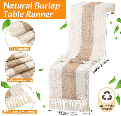 8 Sets Boho Decoration Placemats Round Woven Placemats, Cloth Napkins, Wood Bead Napkin Rings, Long Table Runner and Farmhouse Burlap Cotton for Table Kitchen (Khaki,12x108)