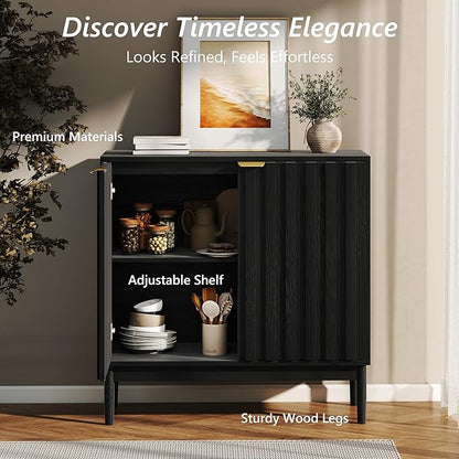 Fluted Cabinet with Storage, Buffet Cabinet Sideborad with 2 Doors, Black Buffet Storage Accent Cabinets with Adjustable Shelves for Living Room, Entry, Hallway, Kitchen