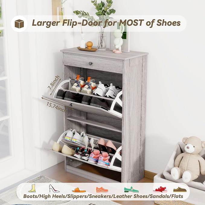 FTZxHKLX Shoe Storage Cabinet with 2 Flip Drawers, Narrow Freestanding Hidden Shoe Rack Cabinet, Pet-Proof Shoe Organizer for Closet, Entryway, Hallway, Wash Grey