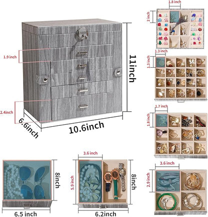 BOOVO Jewelry Box For women, 6 Layer Large Jewelry Organizer With Mirror, Accessory Holder With 5 Drawers, For Earrings Necklace Ring Bracelet (woodgrain grey)