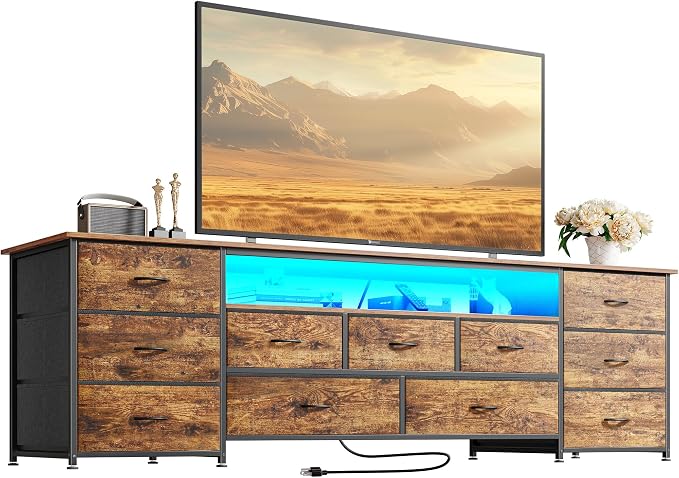Huuger 70 Inch TV Stand for 75, 80 Inch TV, 11 Drawer Long Dresser with Power Outlets and LED Lights, Entertainment Center with Storage, Rustic Brown Dresser with Printed Surface