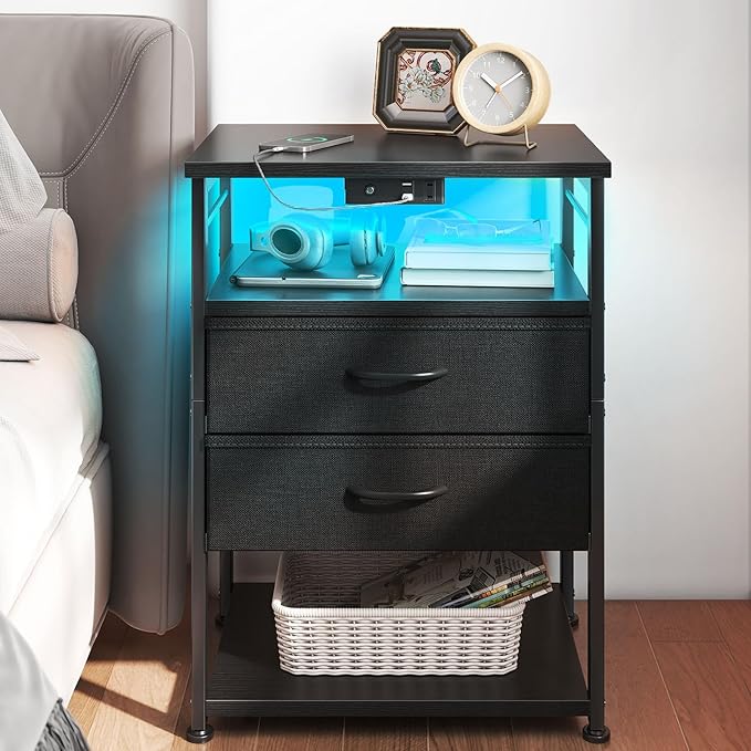 AODK Nightstand with Charging Station & LED Lights, 27.6" Tall Bedside Table with 4-Tier Storage, 2 Fabric Drawers & 2 Open Shelves, Space-Saving End Table for Bedroom & Living Room, Black