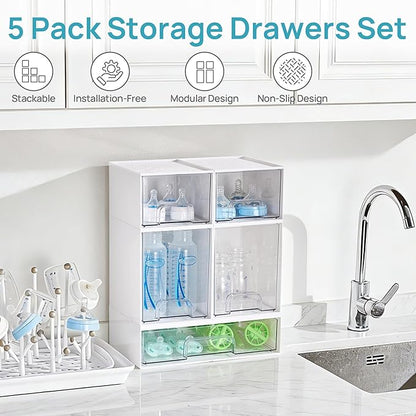 Vtopmart Stackable Storage Drawers Set of 5, Plastic Organizer Bins for Baby Bottle, Beauty Supplies Storage, Ideal for Kichen Countertop, Vanity, Bathroom, Cabinet, Pantry Organization,White