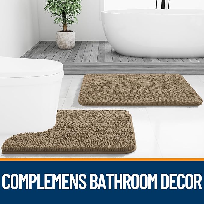 OLANLY Toilet Rugs U-Shaped 24x20, Extra Soft Absorbent Chenille Contour Bathroom Rugs for Toilet, Dry Quickly, Machine Washable, Non-Slip Bath Mat, Tan