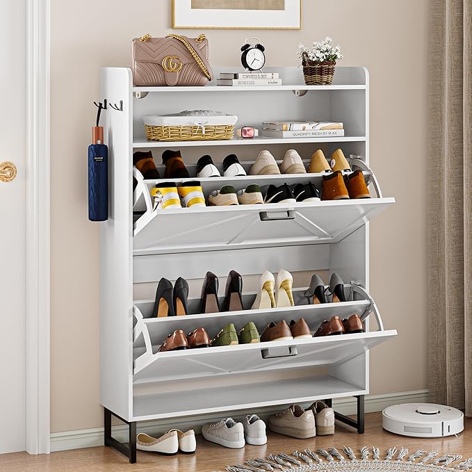 Shoe Cabinet with 2 Flip Drawers, 45" Freestanding Narrow Wood Shoe Storage Cabinet with Metal Legs and Hooks, Slim Shoe Rack Organizer for Entryway, Hallway, White