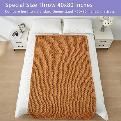 Bigacogo Chunky Knit Throw Blanket for Couch, 40x80 inches, 100% Hand Knitted with Thick Jumbo Chenille Yarn, Cozy Soft Large Rope Knot Cable Crochet Blankets for Sofa Bed Living Room, Burnt Orange