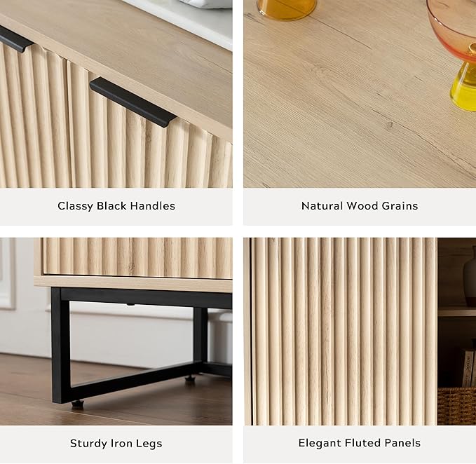 Fluted Storage Cabinet Set of 2, Sideboard Buffet Cabinet Modern Accent Cabinets with Adjustable Shelves, Credenza, Console Table Entryway Cabinets for Living Room, Light Oak